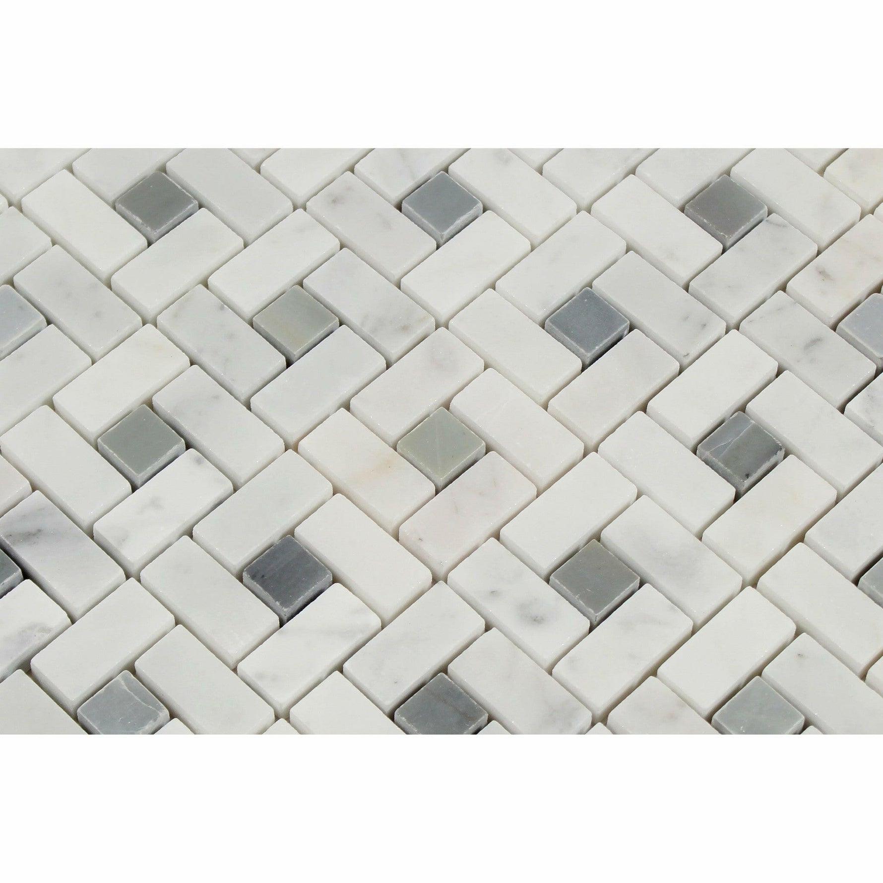 Carrara White Marble Polished Pinwheel Mosaic Tile w/ Blue-Gray Dots-Marble Mosaic-American Tile Depot