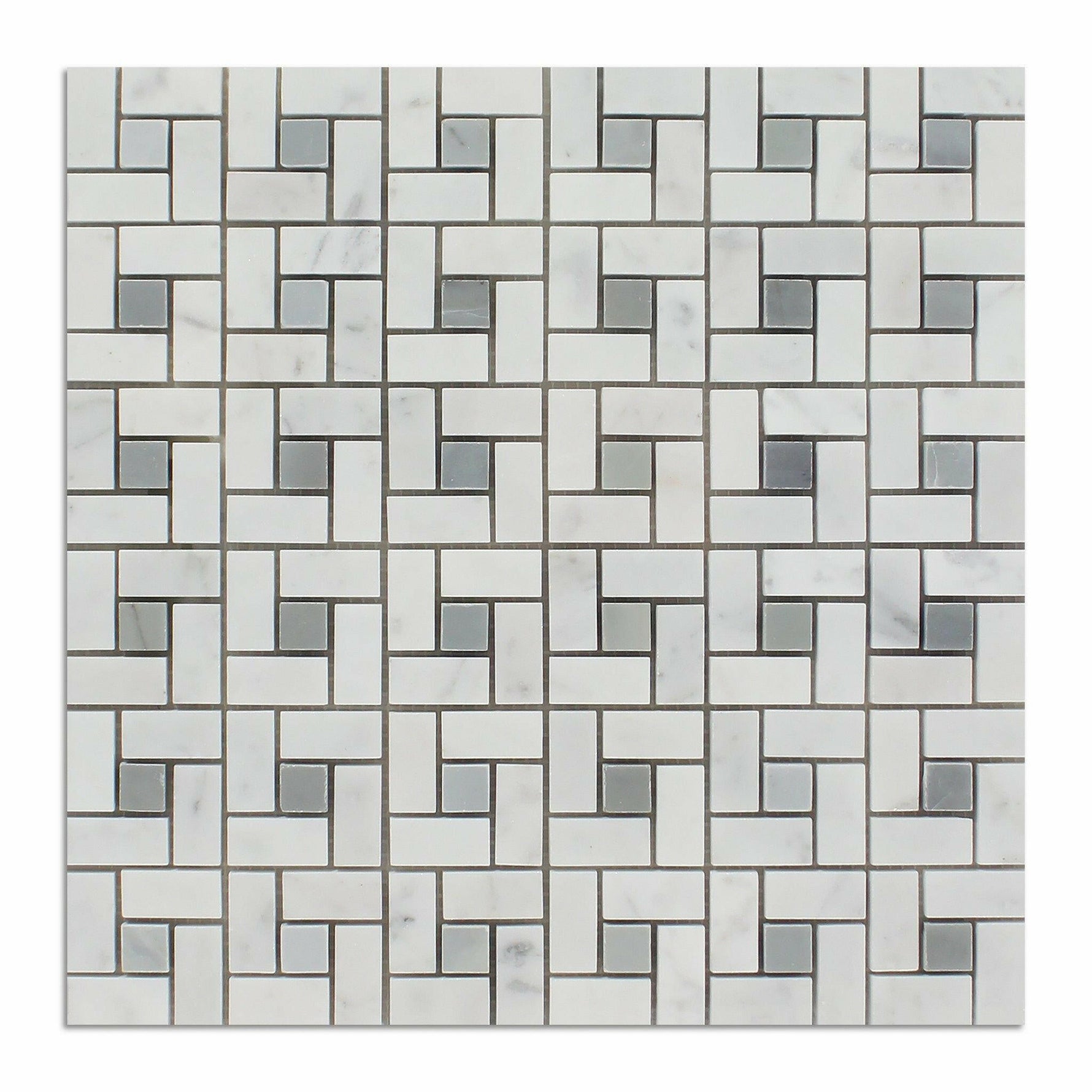 Carrara White Marble Polished Pinwheel Mosaic Tile w/ Blue-Gray Dots-Marble Mosaic-American Tile Depot