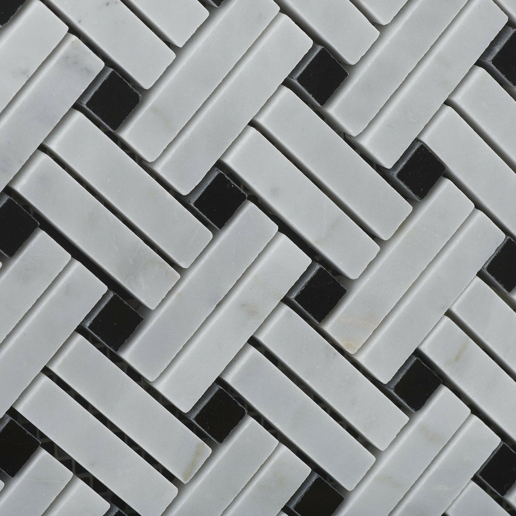 Carrara White Marble Polished Stanza Basketweave Mosaic Tile w/ Black Dots-Marble Mosaic-American Tile Depot