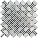 Carrara White Marble Polished Stanza Basketweave Mosaic Tile w/ Blue Gray Dots-Marble Mosaic-American Tile Depot