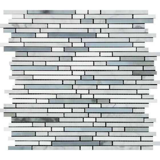 Carrara White Marble Polished Tricolor Bamboo Sticks Mosaic (Carrara + Thassos + Blue-Gray )-Marble Mosaic-American Tile Depot