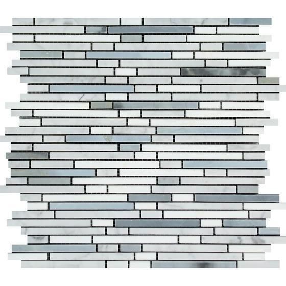 Carrara White Marble Polished Tricolor Bamboo Sticks Mosaic (Carrara + Thassos + Blue-Gray )-Marble Mosaic-American Tile Depot