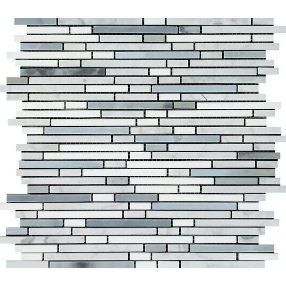 Carrara White Marble Polished Tricolor Bamboo Sticks Mosaic (Carrara + Thassos + Blue-Gray )-Marble Mosaic-American Tile Depot