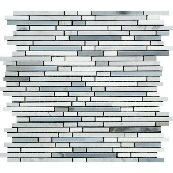 Carrara White Marble Polished Tricolor Bamboo Sticks Mosaic (Carrara + Thassos + Blue-Gray )-Marble Mosaic-American Tile Depot