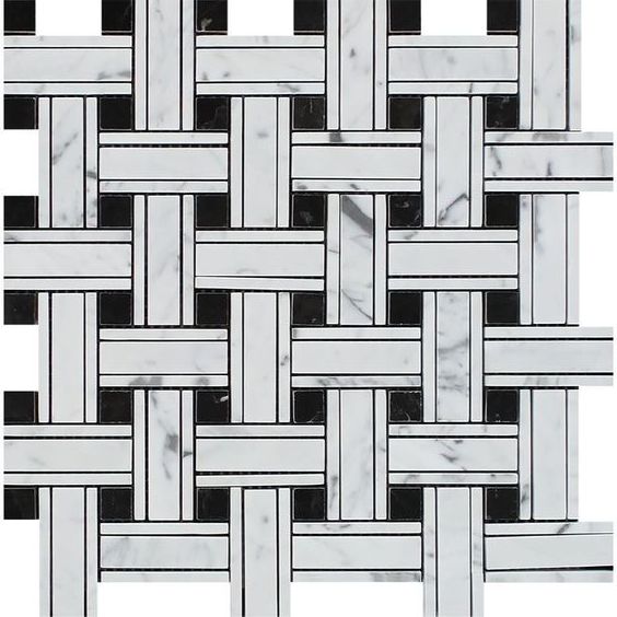 Carrara White Marble Polished Triple Weave Mosaic Tile w / Black Dots-Marble Mosaic-American Tile Depot