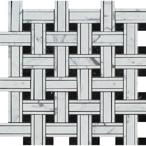 Carrara White Marble Polished Triple Weave Mosaic Tile w / Black Dots-Marble Mosaic-American Tile Depot