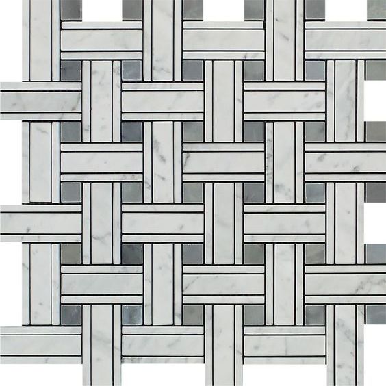 Carrara White Marble Polished Triple Weave Mosaic Tile w / Blue Gray Dots-Marble Mosaic-American Tile Depot