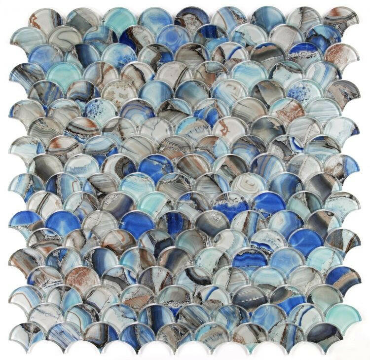 Clam Pisces Blue Glossy Scale Glass Mosaic Wall Tile-Glass Mosaic-American Tile Depot