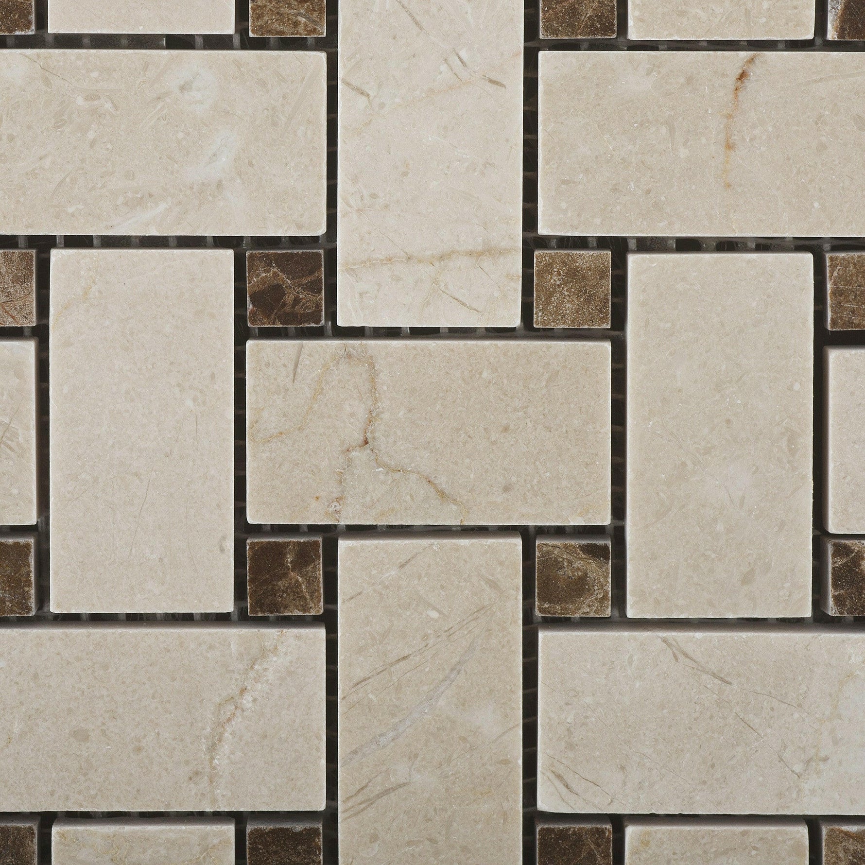 Crema Marfil Marble Honed Basketweave Mosaic Tile w/ Emperador Dark Dots-Marble Mosaic-American Tile Depot