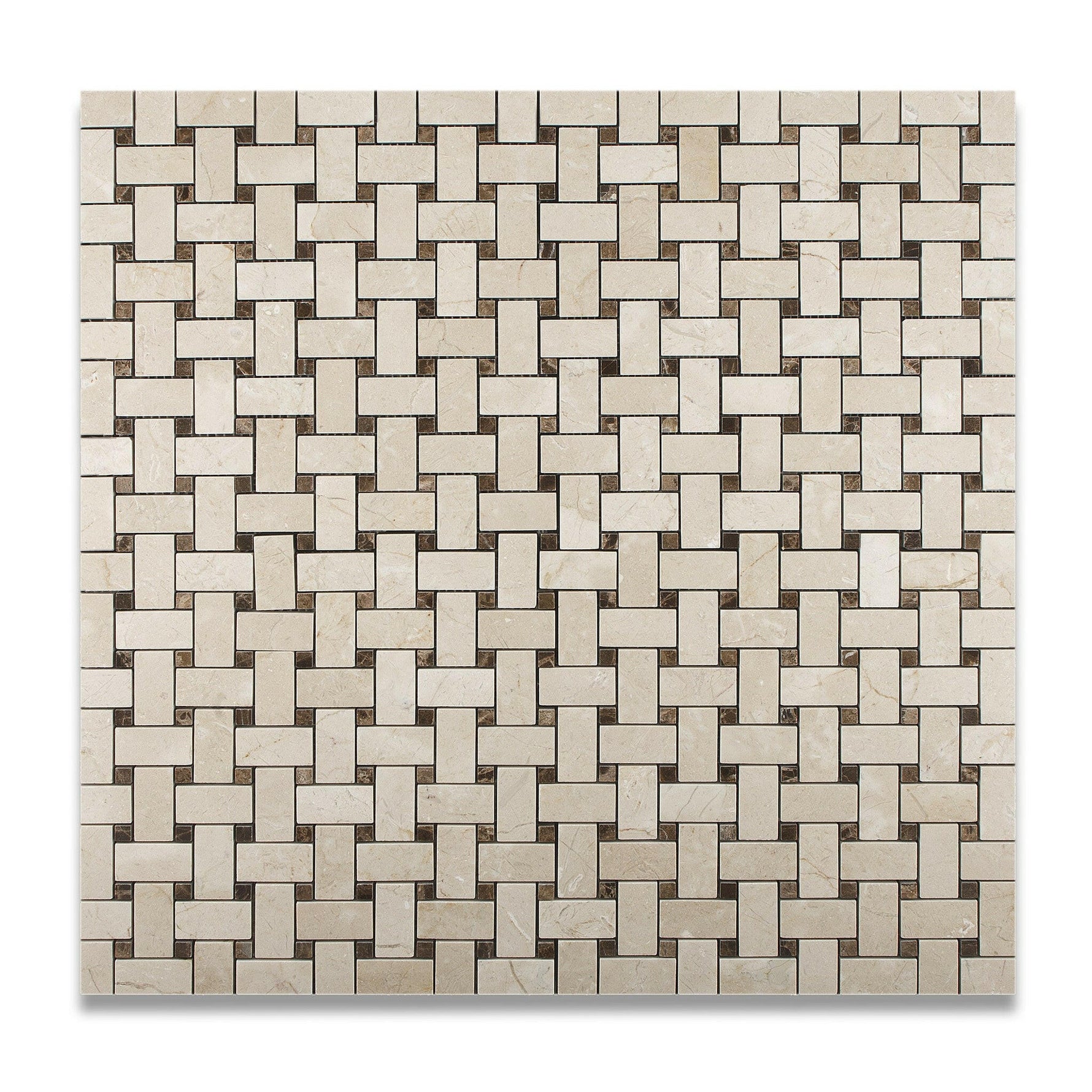 Crema Marfil Marble Honed Basketweave Mosaic Tile w/ Emperador Dark Dots-Marble Mosaic-American Tile Depot