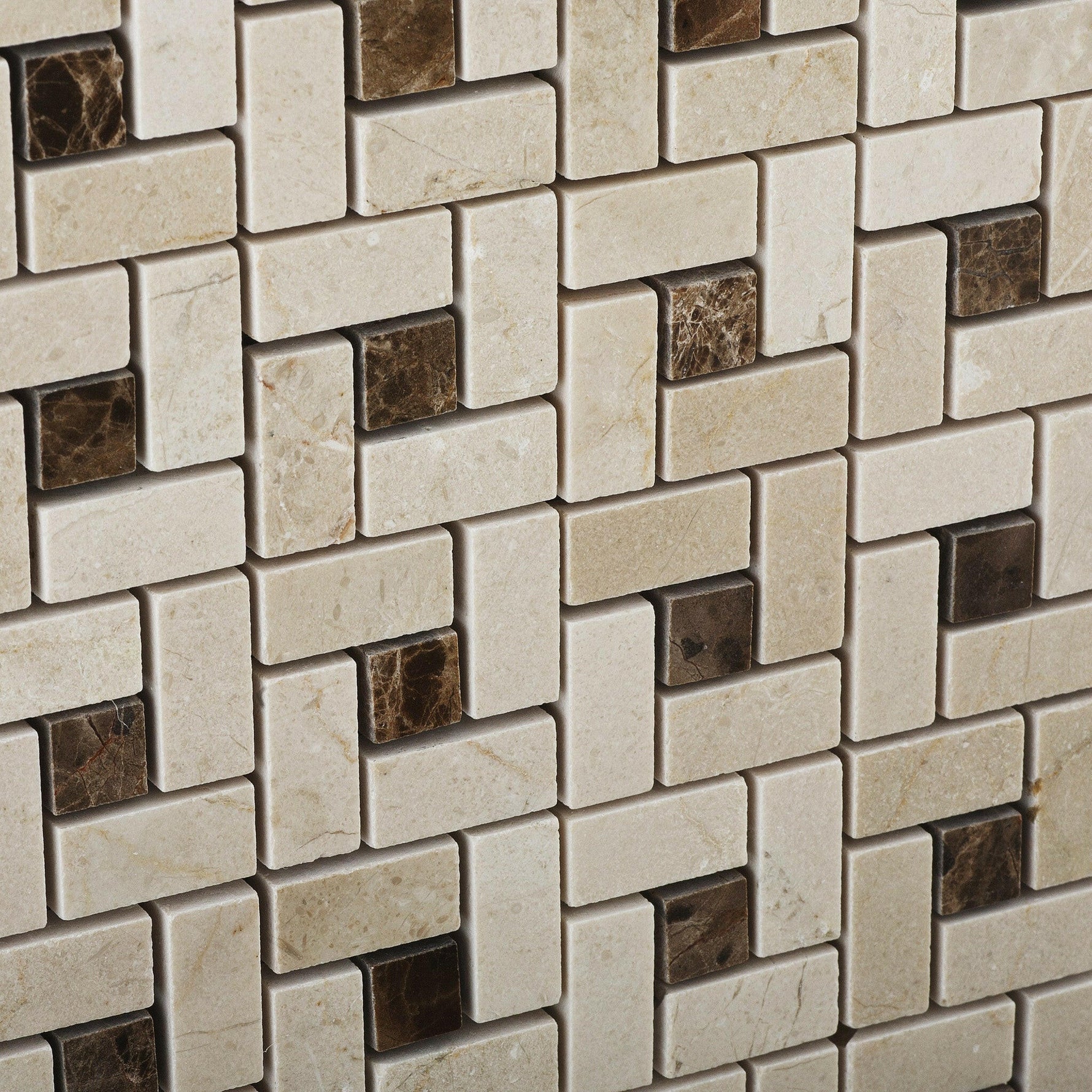 Crema Marfil Marble Honed Pinwheel Mosaic Tile w/ Emperador Dark Dots-Marble Mosaic-American Tile Depot