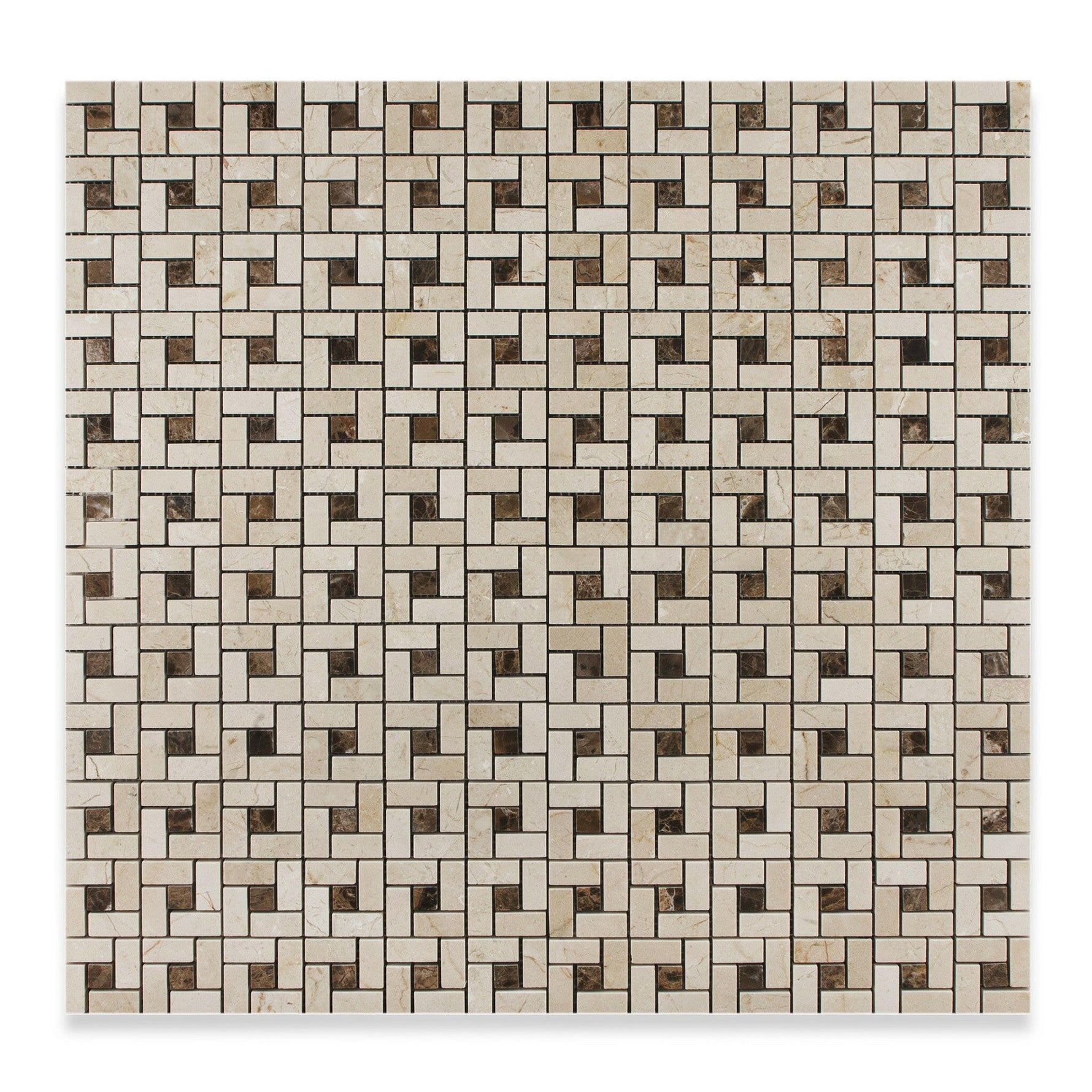 Crema Marfil Marble Honed Pinwheel Mosaic Tile w/ Emperador Dark Dots-Marble Mosaic-American Tile Depot