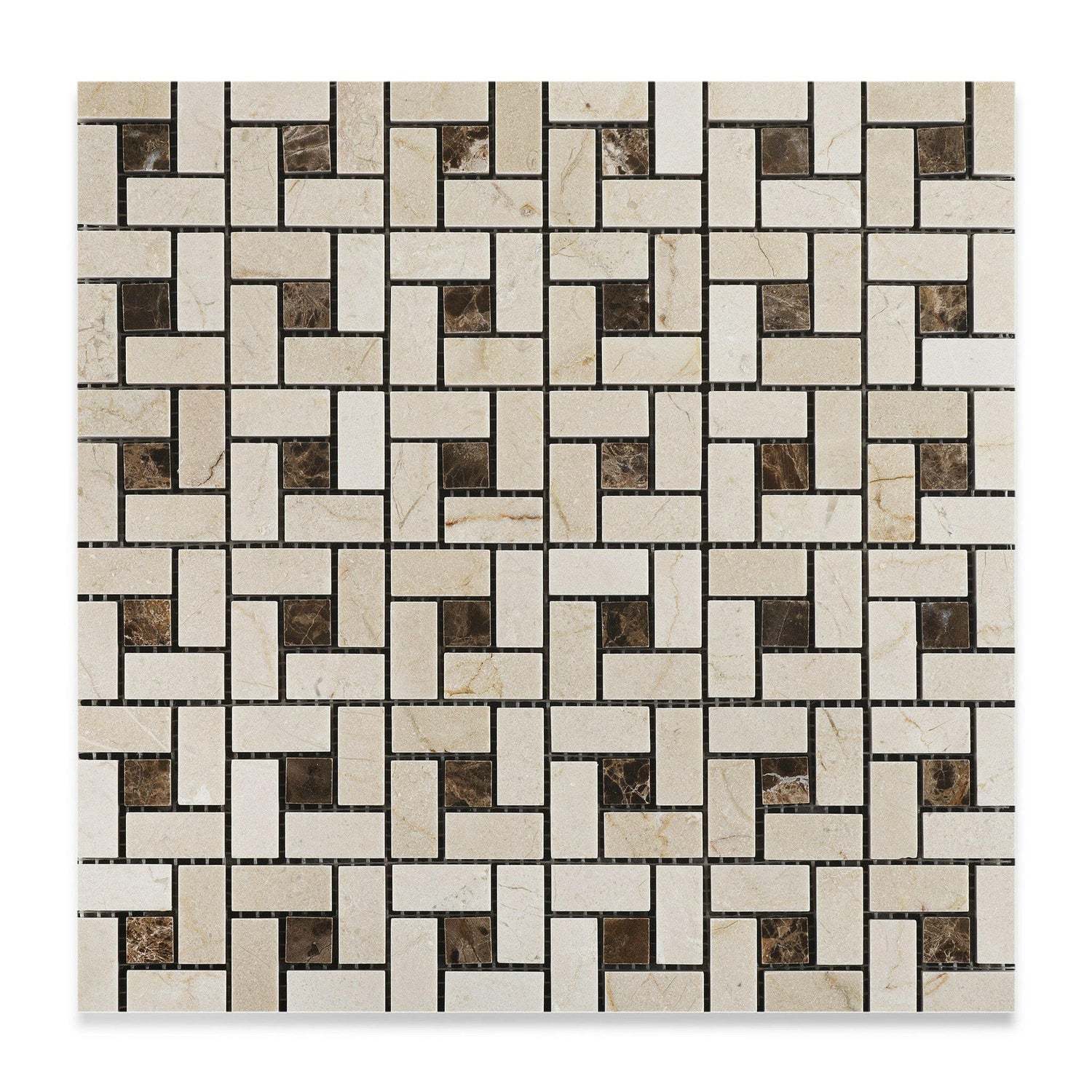 Crema Marfil Marble Honed Pinwheel Mosaic Tile w/ Emperador Dark Dots-Marble Mosaic-American Tile Depot