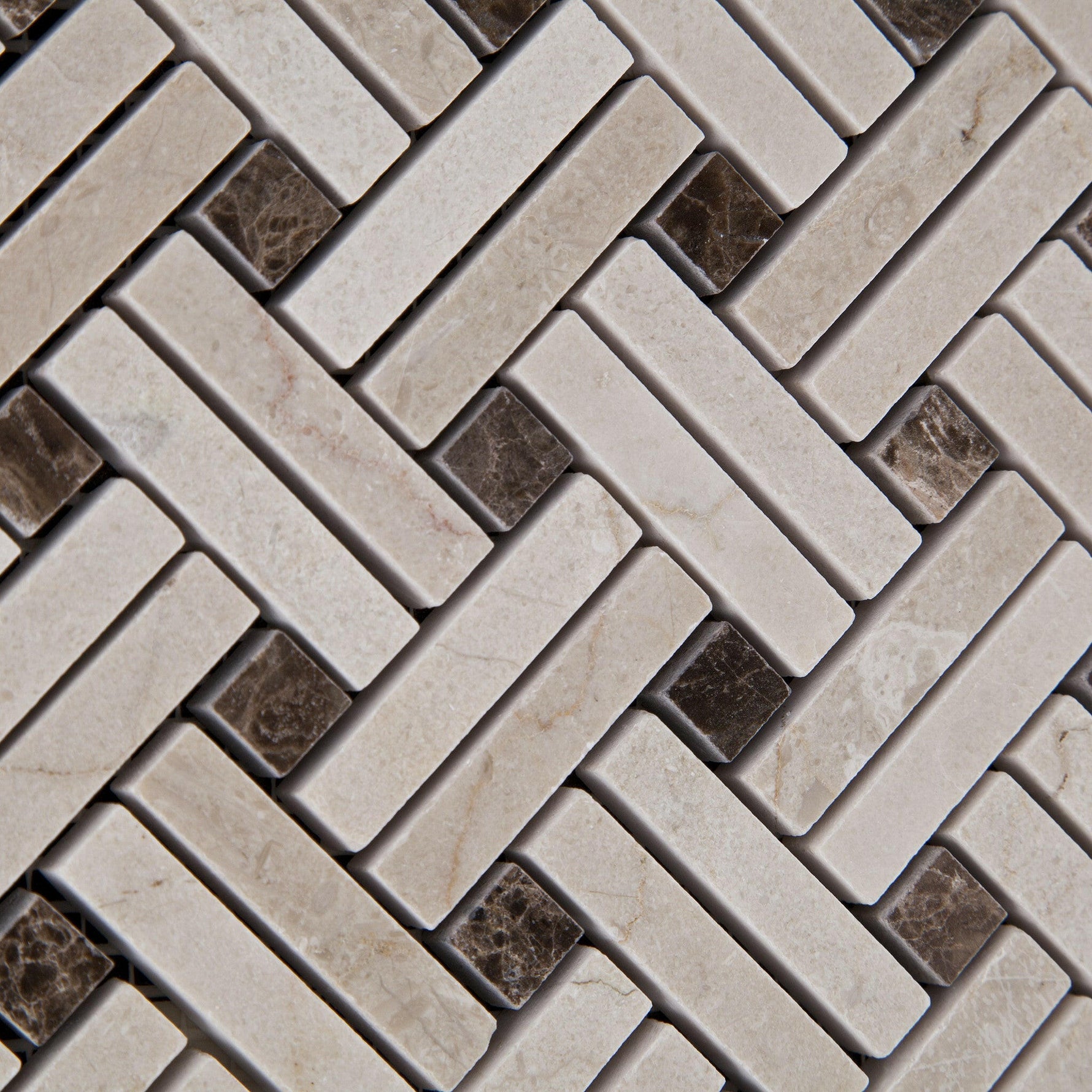 Crema Marfil Marble Honed Stanza Basketweave Mosaic Tile w/ Emperador Dark Dots-Marble Mosaic-American Tile Depot