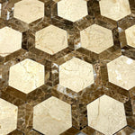 Crema Marfil Marble Polished 2" Vortex Hexagon Mosaic Tile w / Emperador Dark-Marble Mosaic-American Tile Depot