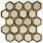 Crema Marfil Marble Polished 2" Vortex Hexagon Mosaic Tile w / Emperador Dark-Marble Mosaic-American Tile Depot