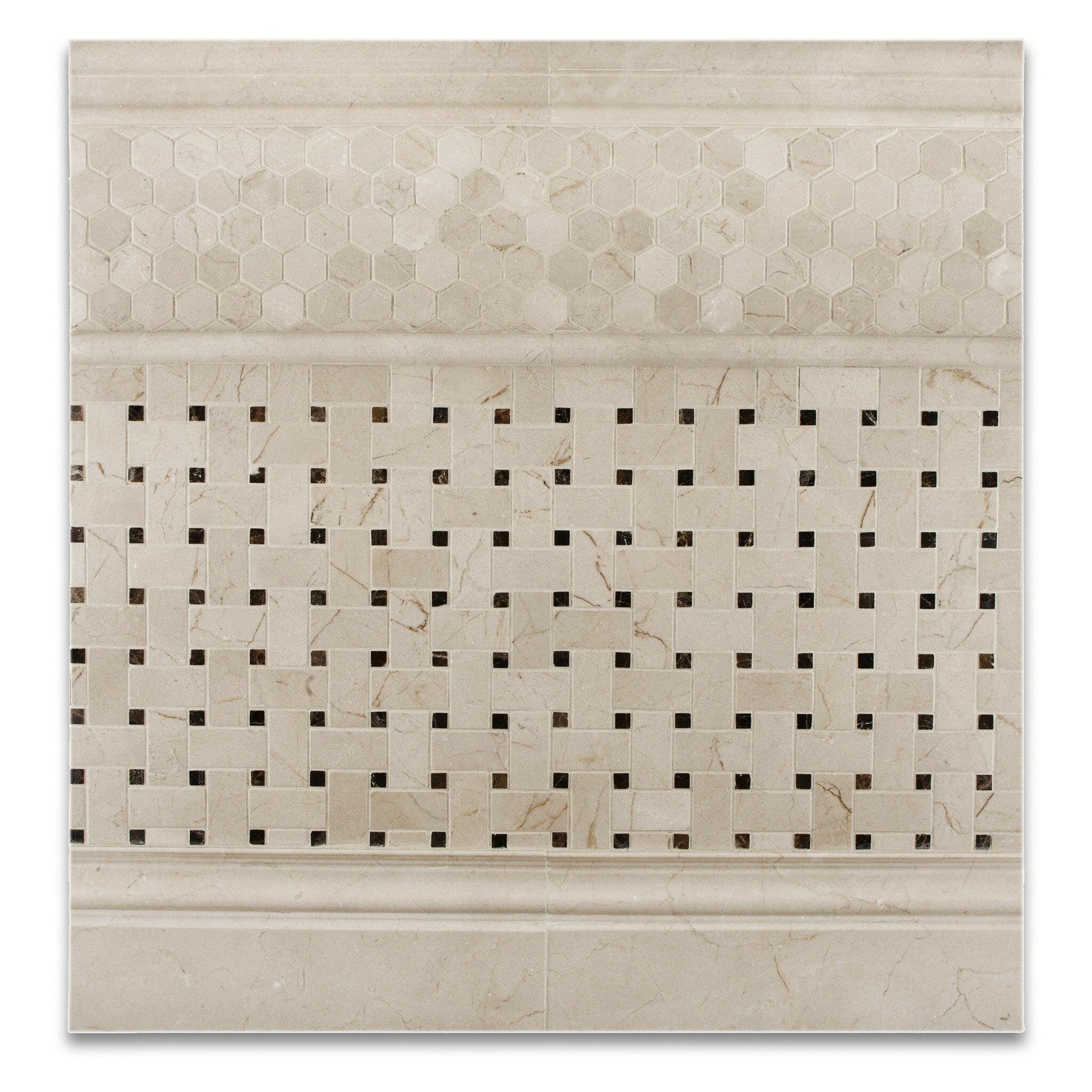 Crema Marfil Marble Polished Basketweave Mosaic Tile w/ Emperador Dark Dots-Marble Mosaic-American Tile Depot