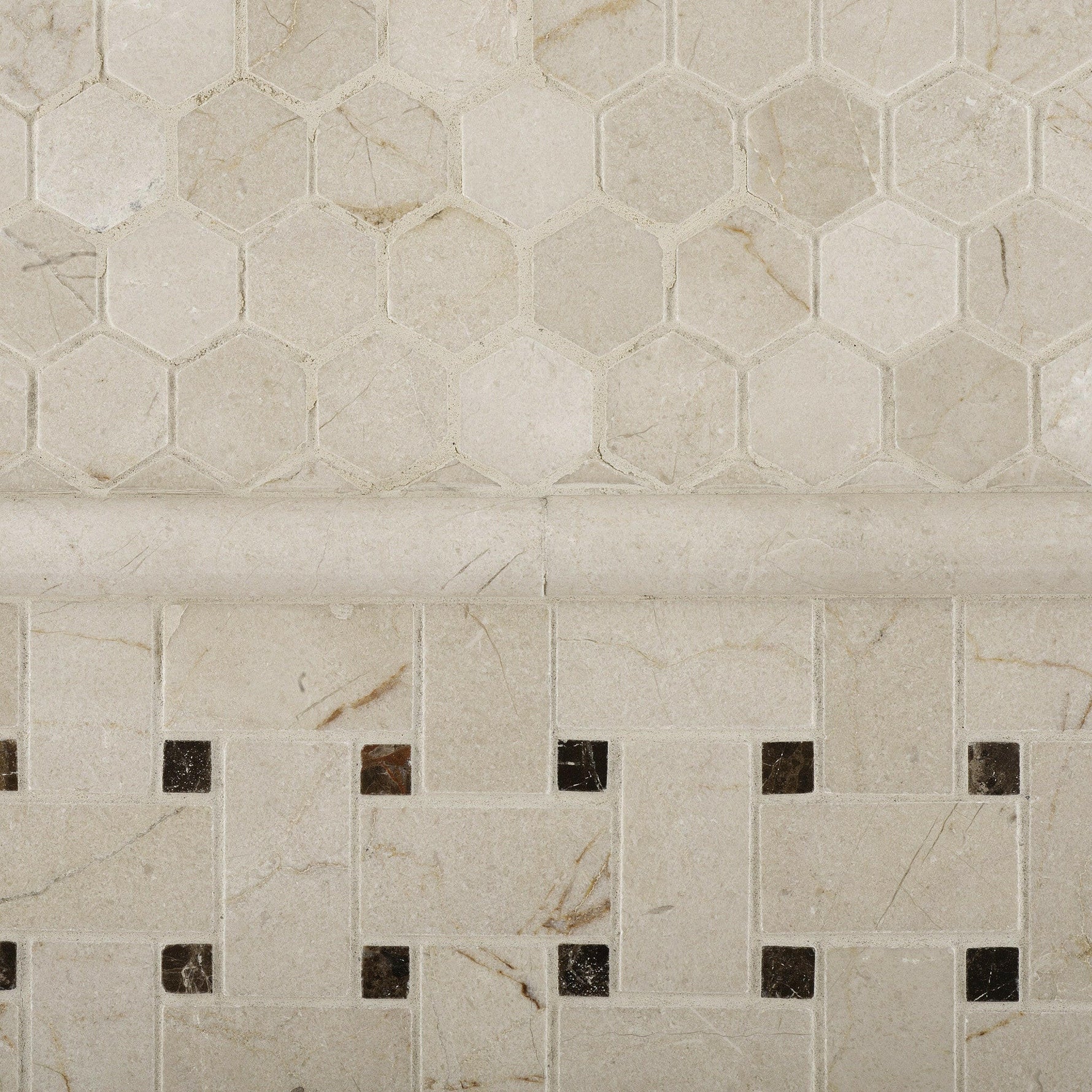 Crema Marfil Marble Polished Basketweave Mosaic Tile w/ Emperador Dark Dots-Marble Mosaic-American Tile Depot