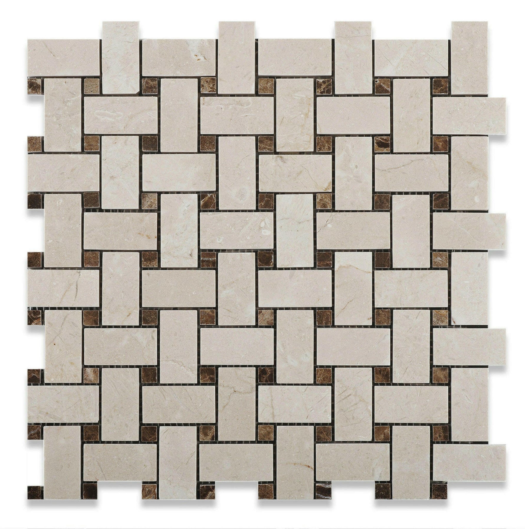 Crema Marfil Marble Polished Basketweave Mosaic Tile w/ Emperador Dark Dots-Marble Mosaic-American Tile Depot