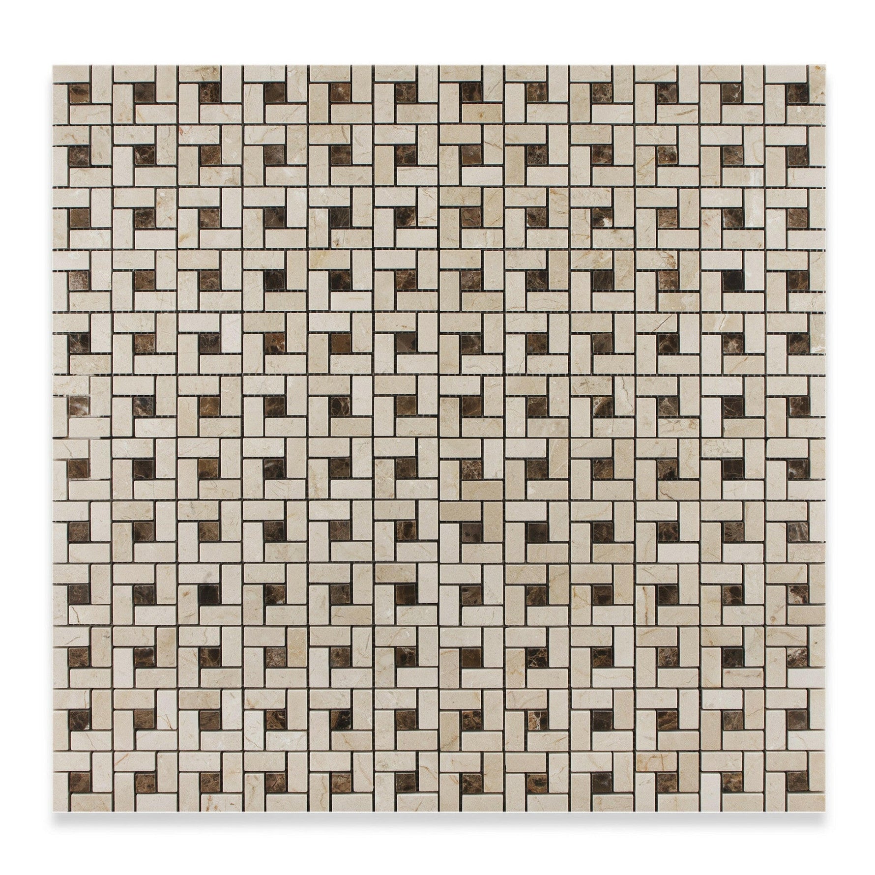 Crema Marfil Marble Polished Pinwheel Mosaic Tile w/ Emperador Dark Dots-Marble Mosaic-American Tile Depot