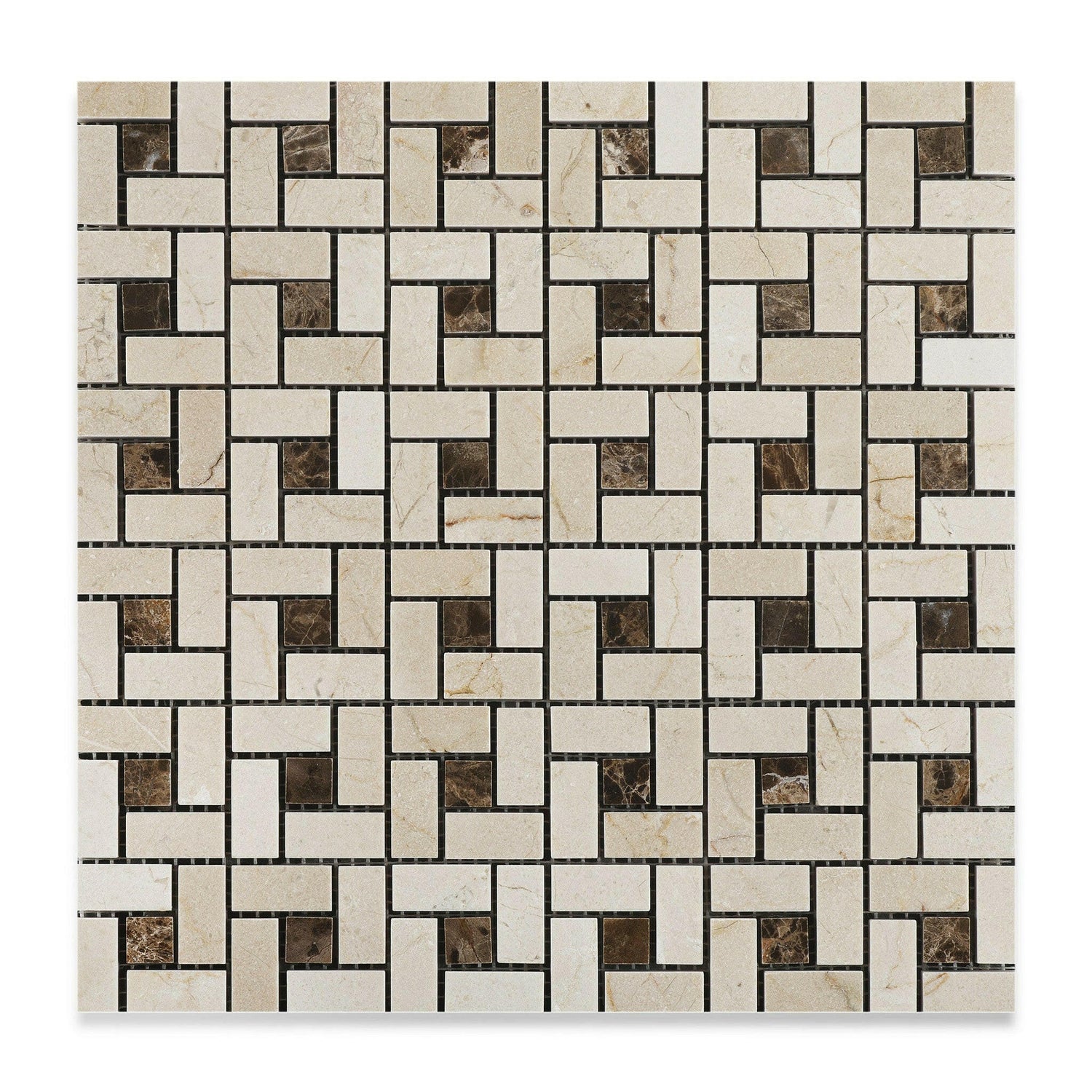 Crema Marfil Marble Polished Pinwheel Mosaic Tile w/ Emperador Dark Dots-Marble Mosaic-American Tile Depot