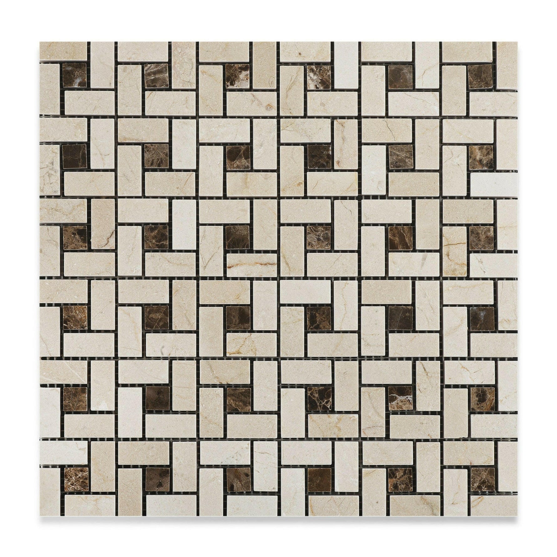 Crema Marfil Marble Polished Pinwheel Mosaic Tile w/ Emperador Dark Dots-Marble Mosaic-American Tile Depot