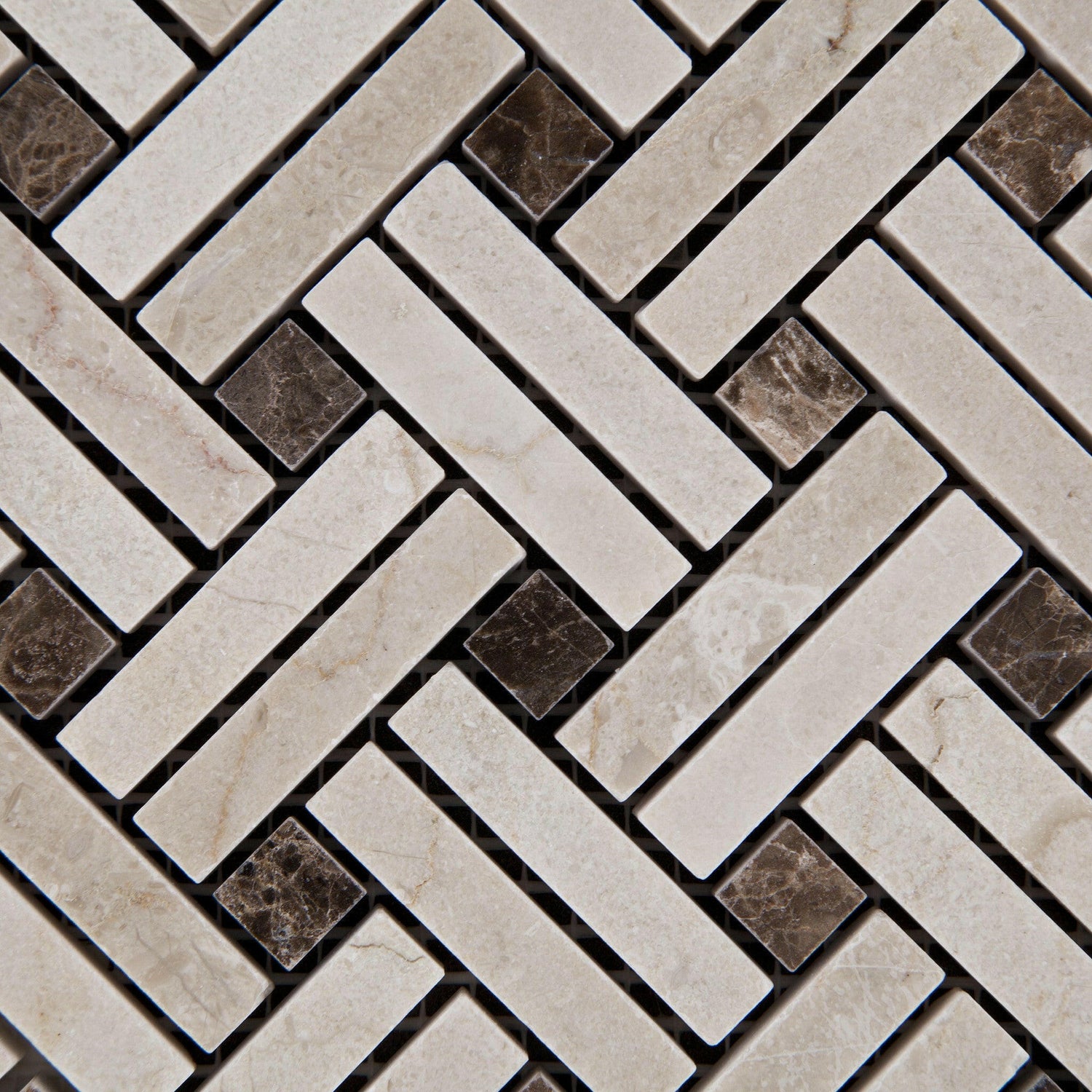 Crema Marfil Marble Polished Stanza Basketweave Mosaic Tile w/ Emperador Dark Dots-Marble Mosaic-American Tile Depot