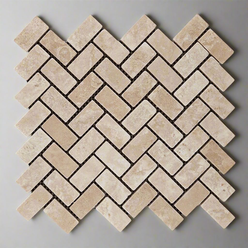 Durango Cream Travertine Tumbled 1 X 2 Herringbone Mosaic Tile-Travertine Mosaic-American Tile Depot