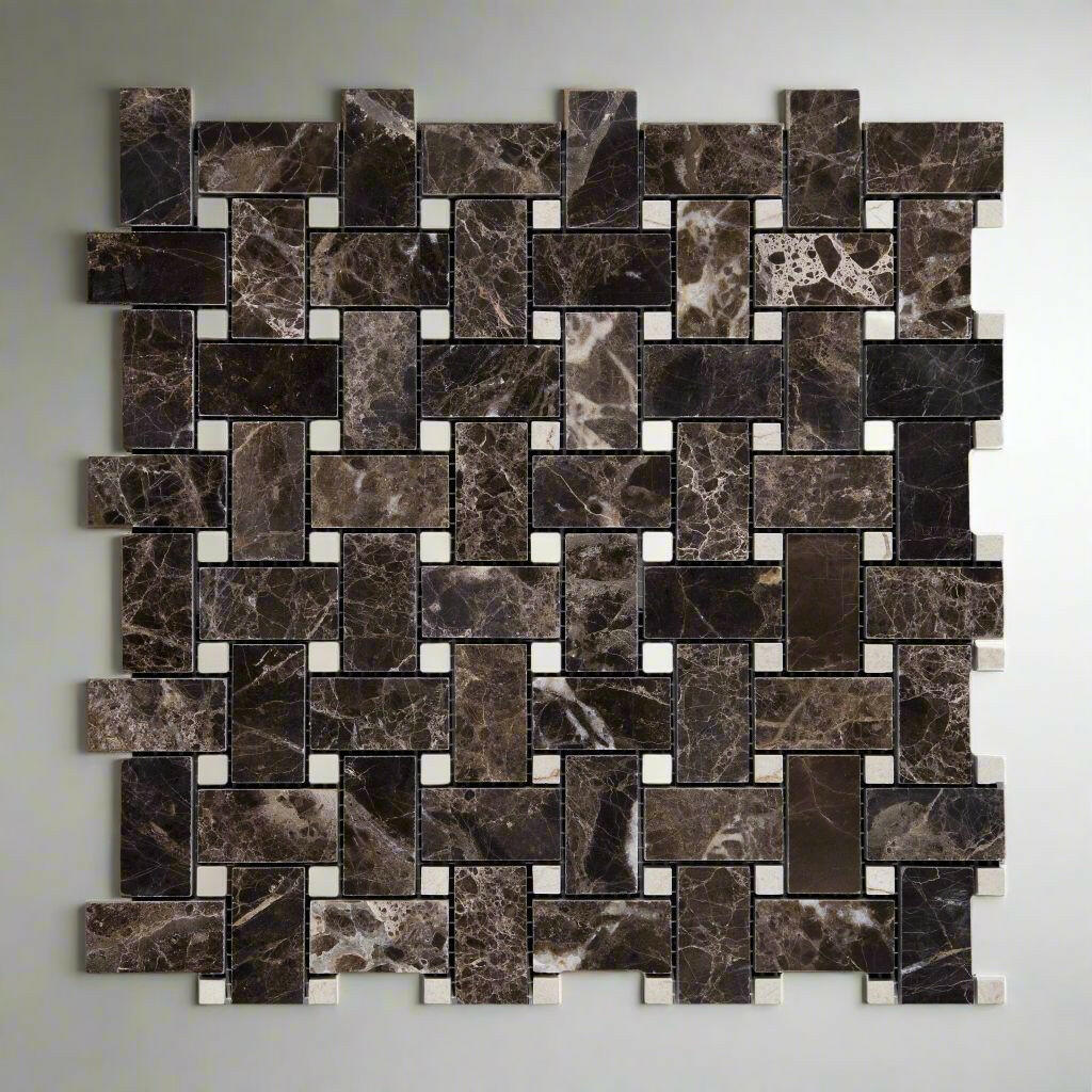 Emperador Dark Marble Polished Basketweave Mosaic Tile w/ Crema Marfil Dots-Marble Mosaic-American Tile Depot