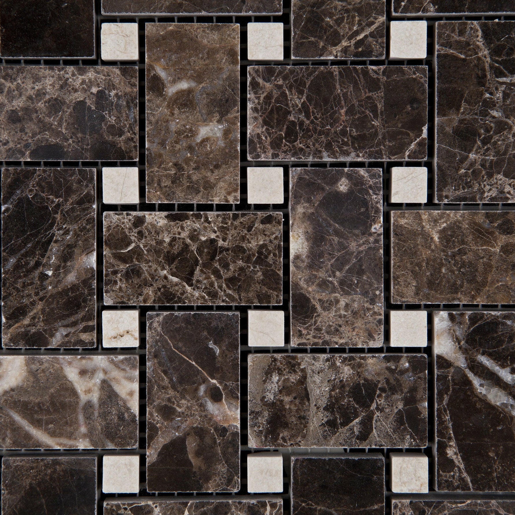 Emperador Dark Marble Polished Basketweave Mosaic Tile w/ Crema Marfil Dots-Marble Mosaic-American Tile Depot