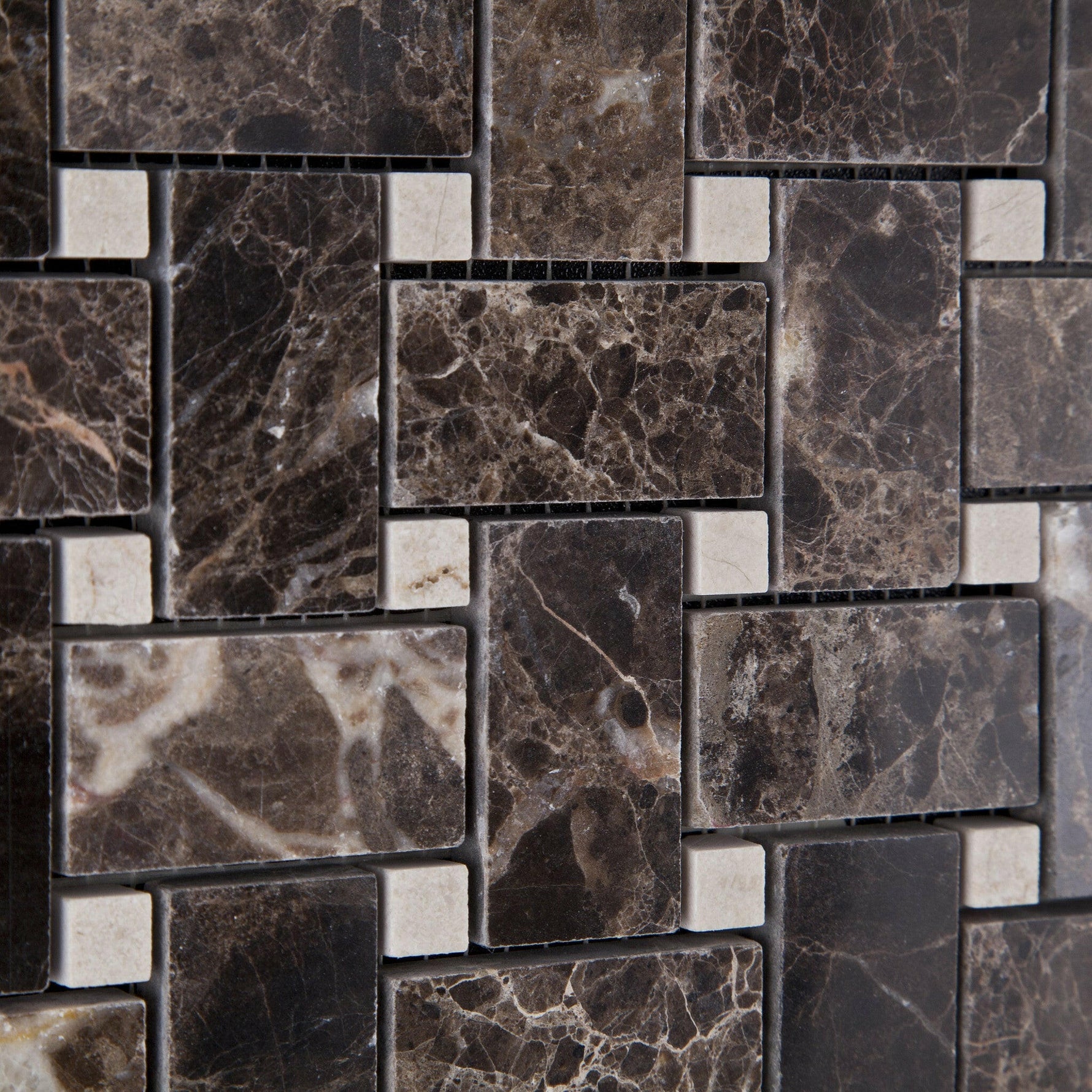 Emperador Dark Marble Polished Basketweave Mosaic Tile w/ Crema Marfil Dots-Marble Mosaic-American Tile Depot