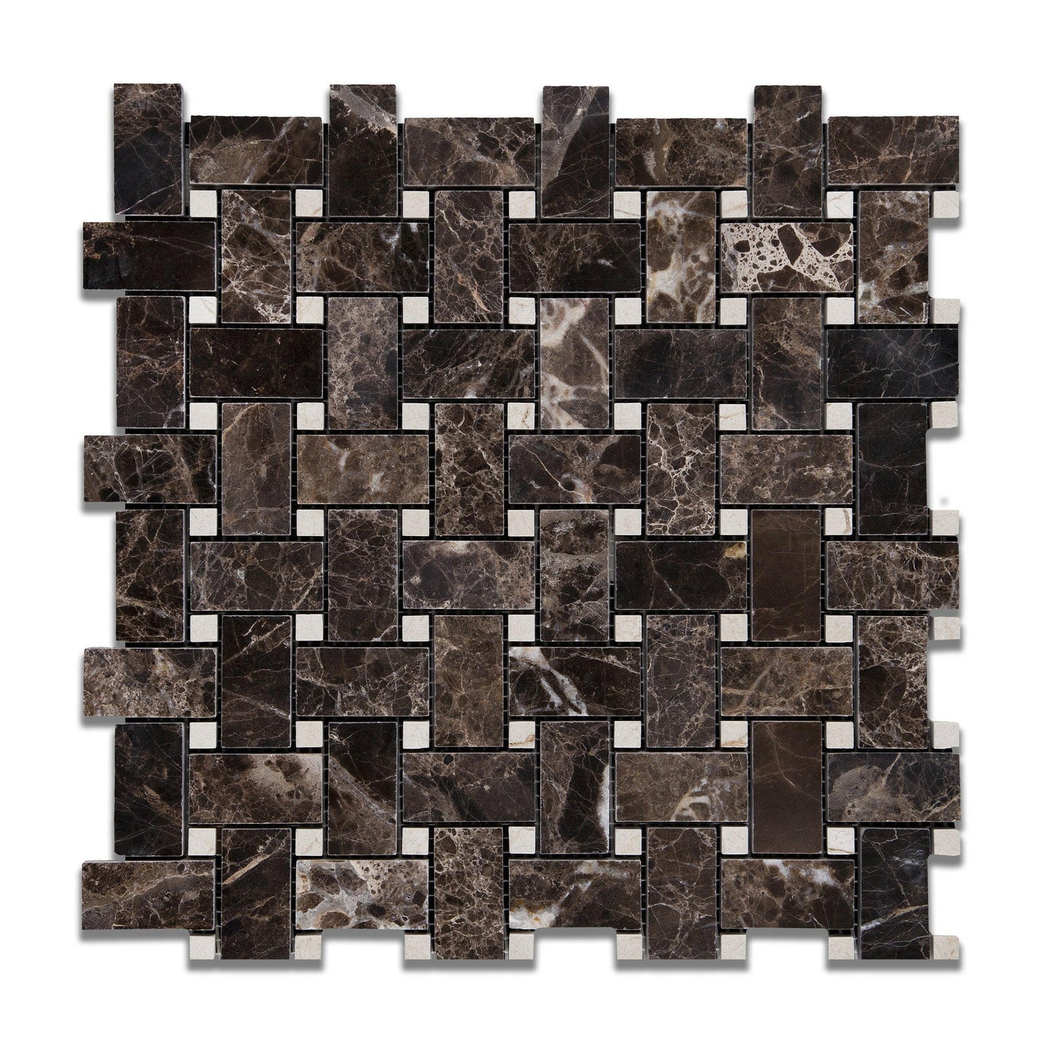 Emperador Dark Marble Polished Basketweave Mosaic Tile w/ Crema Marfil Dots-Marble Mosaic-American Tile Depot