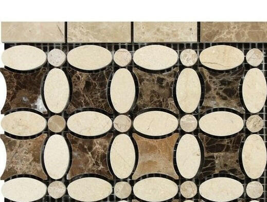 Emperador Dark Marble Polished Florida Flower Border Listello w/Crema Marfil-Marble Border-American Tile Depot