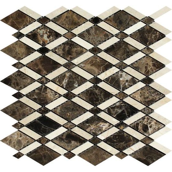 Emperador Dark Marble Polished Lattice Mosaic Tile w/ Crema Marfil Stripe-Marble Mosaic-American Tile Depot