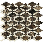 Emperador Dark Marble Polished Lattice Mosaic Tile w/ Crema Marfil Stripe-Marble Mosaic-American Tile Depot