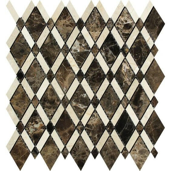 Emperador Dark Marble Polished Lattice Mosaic Tile w/ Crema Marfil Stripe-Marble Mosaic-American Tile Depot