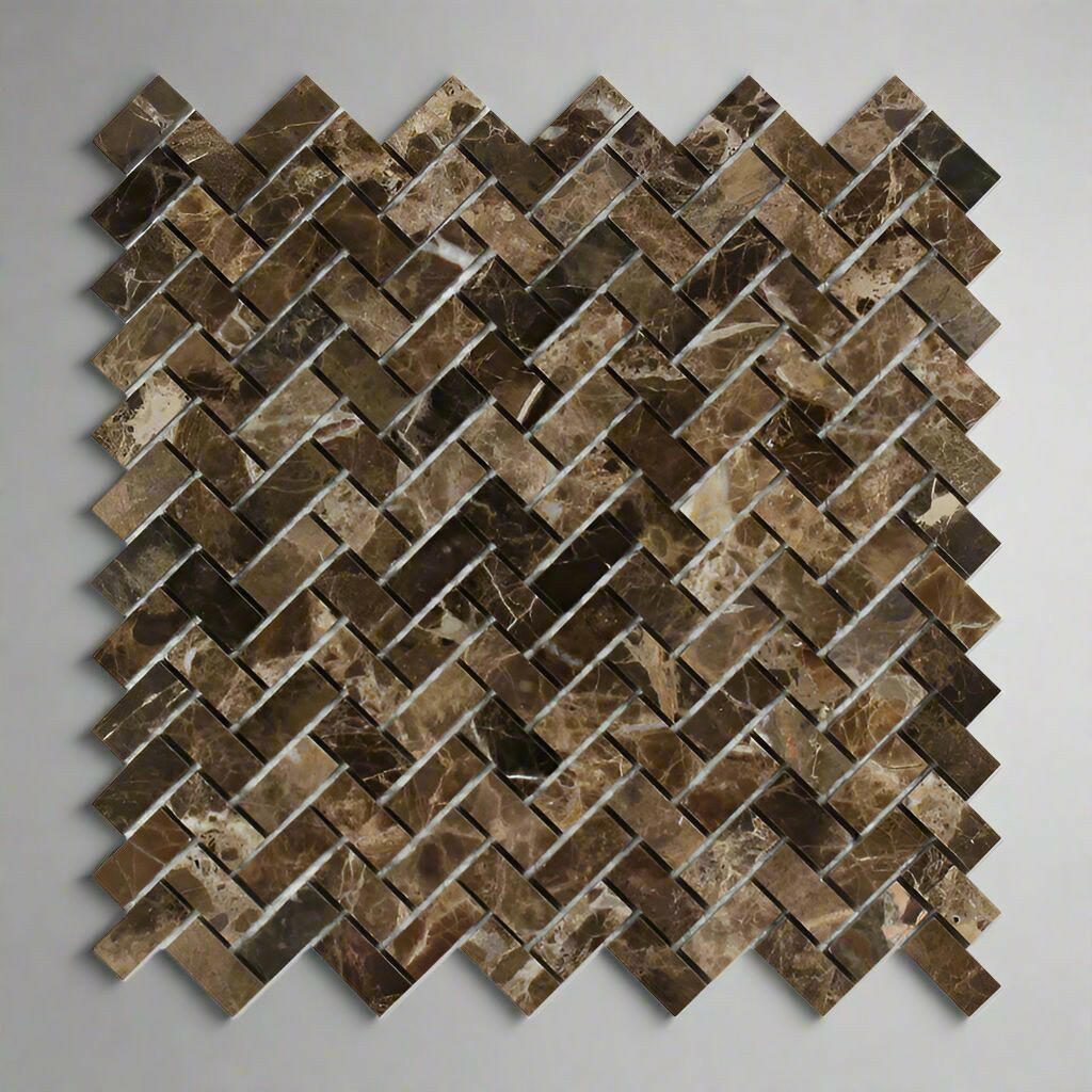 Emperador Dark Marble Polished Mini Herringbone Mosaic Tile-Marble Mosaic-American Tile Depot