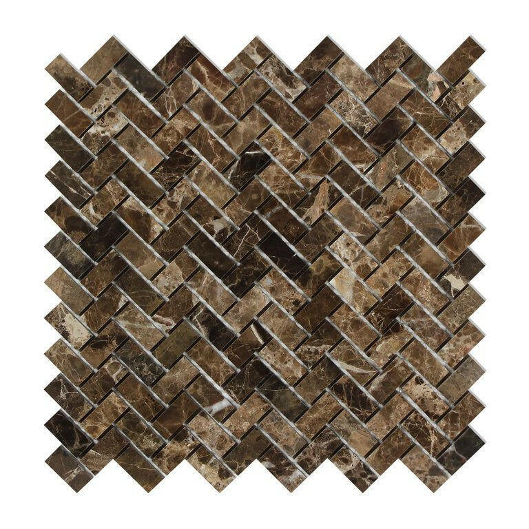 Emperador Dark Marble Polished Mini Herringbone Mosaic Tile-Marble Mosaic-American Tile Depot