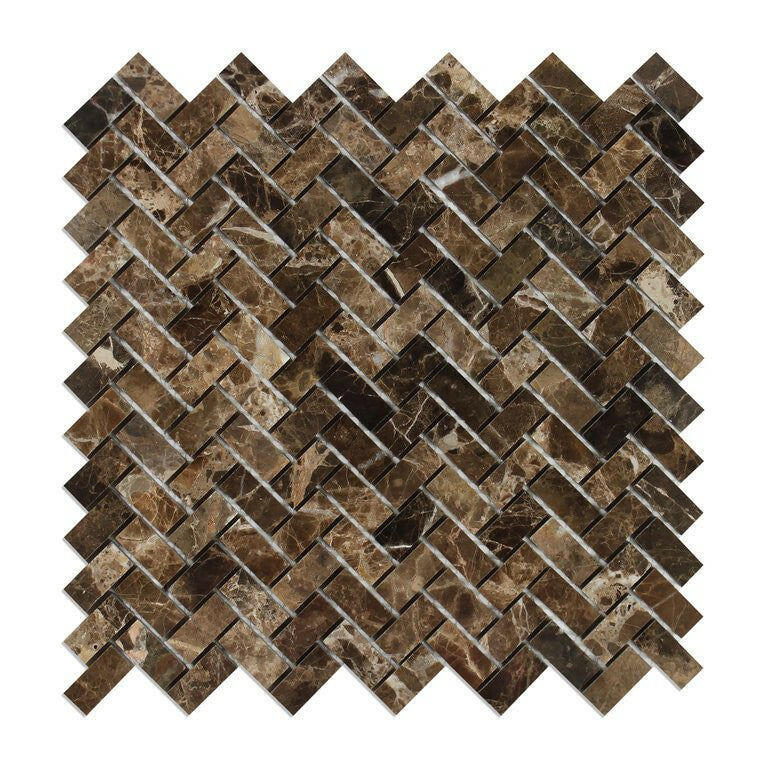 Emperador Dark Marble Polished Mini Herringbone Mosaic Tile-Marble Mosaic-American Tile Depot