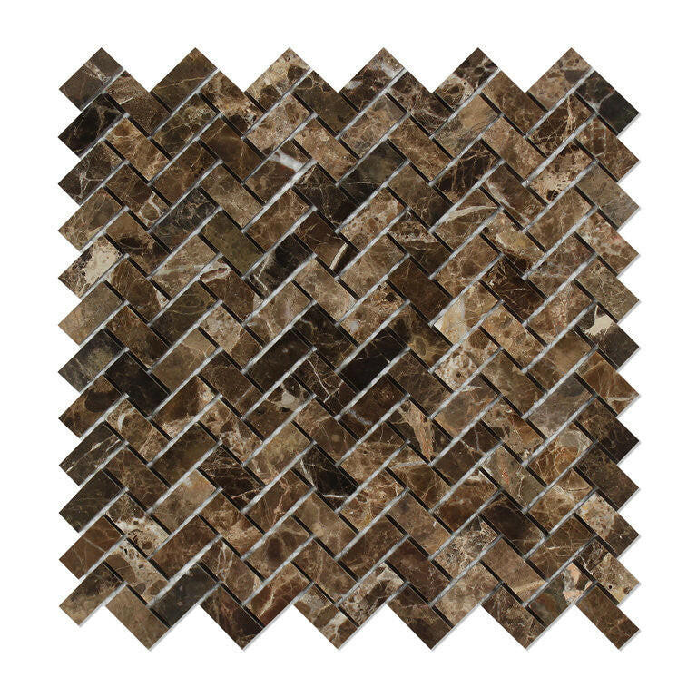 Emperador Dark Marble Polished Mini Herringbone Mosaic Tile-Marble Mosaic-American Tile Depot