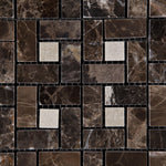 Emperador Dark Marble Polished Pinwheel Mosaic Tile w/ Crema Marfil Dots-Marble Mosaic-American Tile Depot