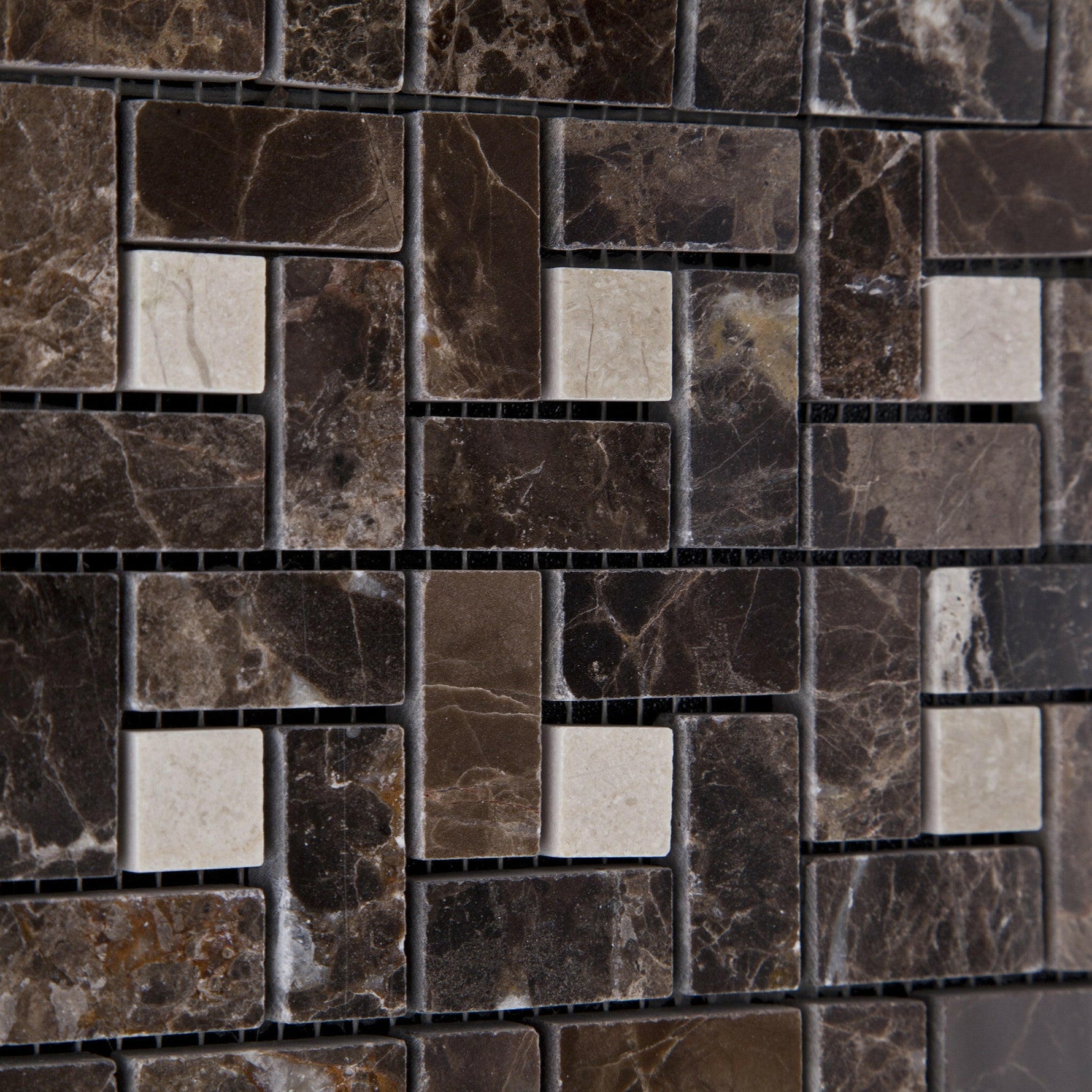 Emperador Dark Marble Polished Pinwheel Mosaic Tile w/ Crema Marfil Dots-Marble Mosaic-American Tile Depot