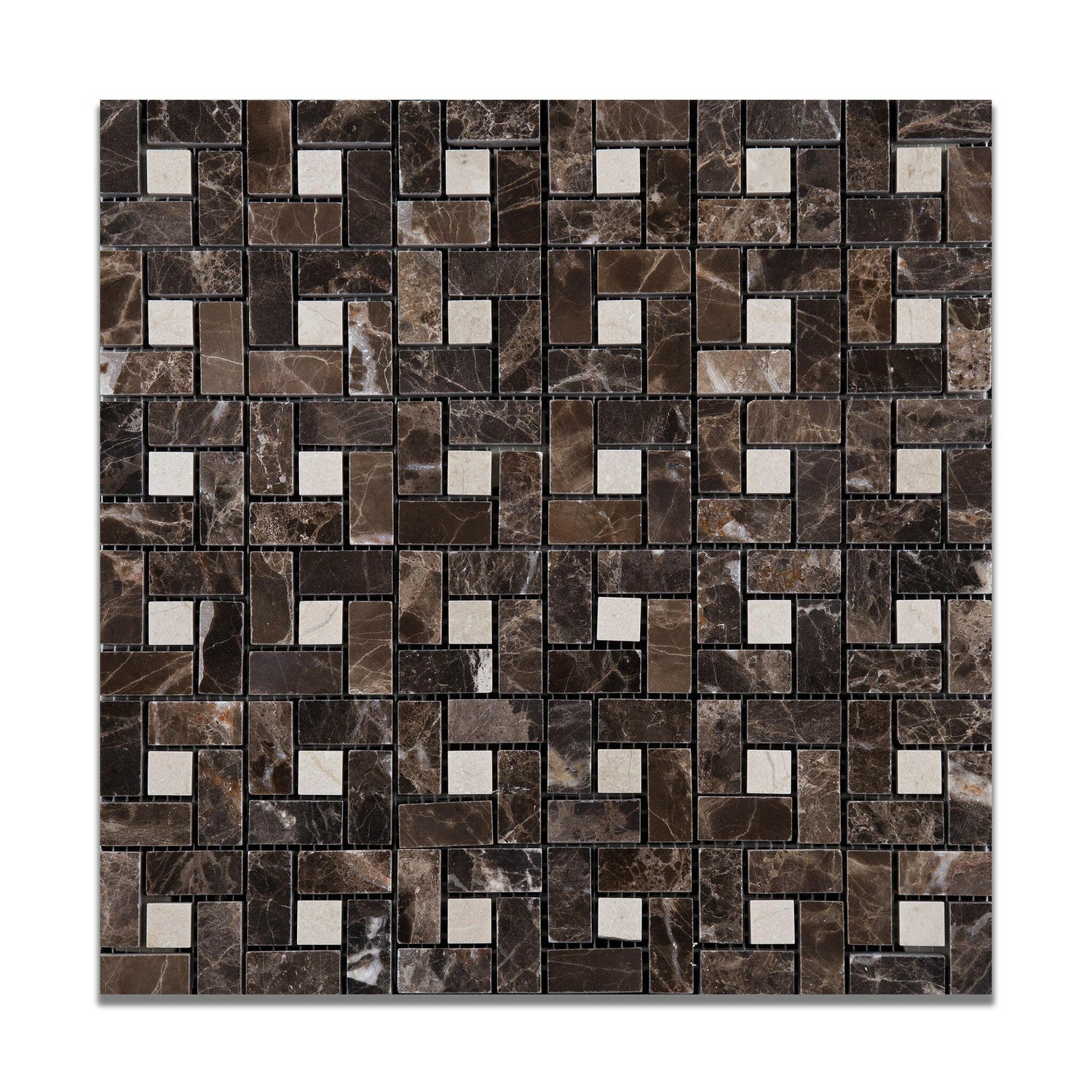 Emperador Dark Marble Polished Pinwheel Mosaic Tile w/ Crema Marfil Dots-Marble Mosaic-American Tile Depot