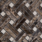 Emperador Dark Marble Polished Stanza Basketweave Mosaic Tile w/ Crema Marfil Dots-Marble Mosaic-American Tile Depot