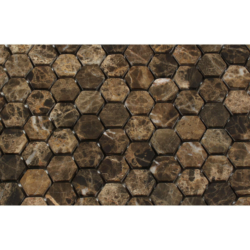 Emperador Dark Marble Tumbled 1" Mini Hexagon Mosaic Tile-Marble Mosaic-American Tile Depot