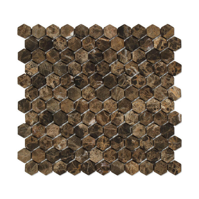 Emperador Dark Marble Tumbled 1" Mini Hexagon Mosaic Tile-Marble Mosaic-American Tile Depot