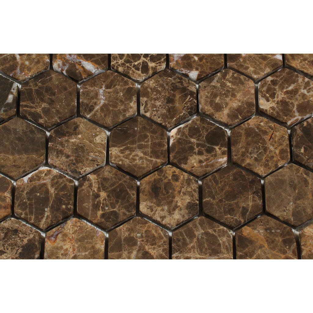 Emperador Dark Marble Tumbled 2" Hexagon Mosaic Tile-Marble Mosaic-American Tile Depot