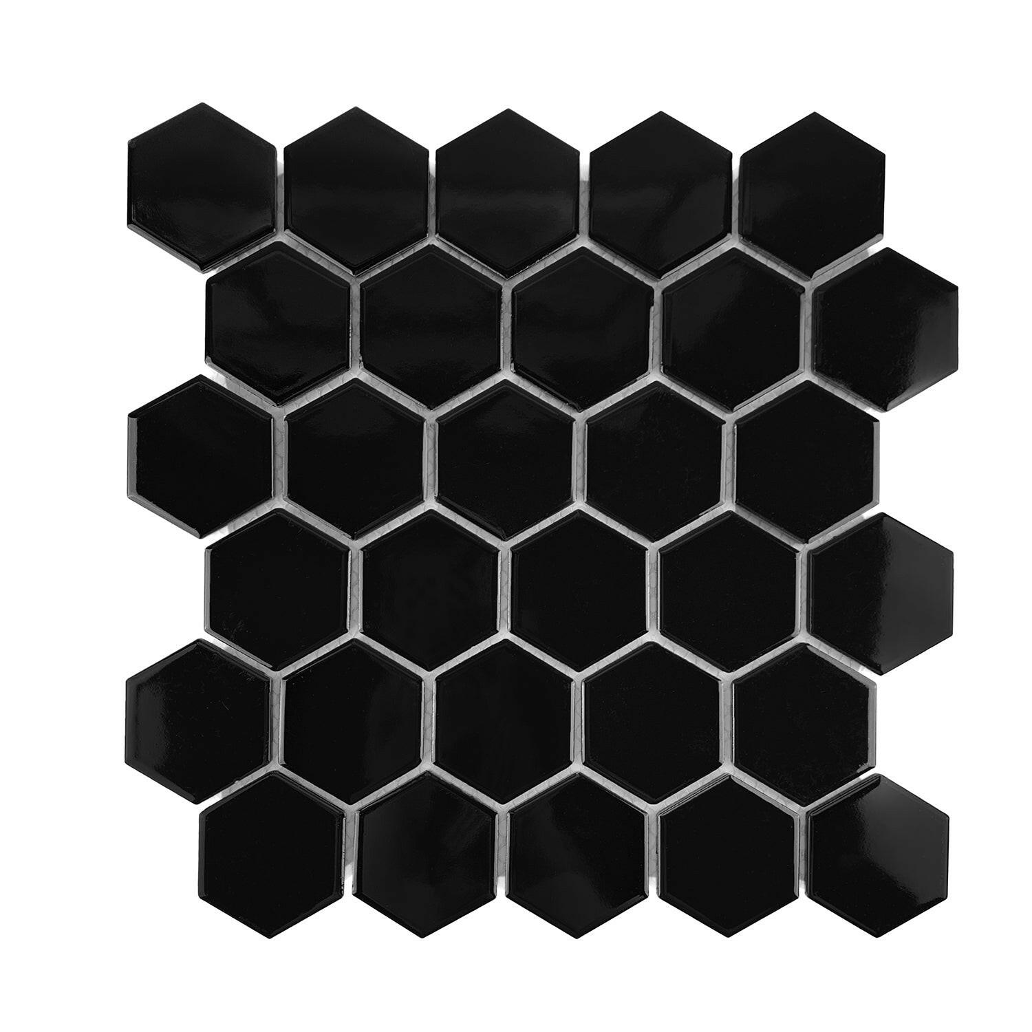 Gio Black Glossy 2" Hexagon Porcelain Mosaic Tile-Porcelain Mosaic-American Tile Depot