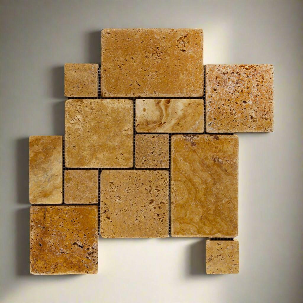 Gold / Yellow Travertine 4-Pieced OPUS Mini-Pattern Tumbled Mosaic Tile-Travertine Mosaic-American Tile Depot