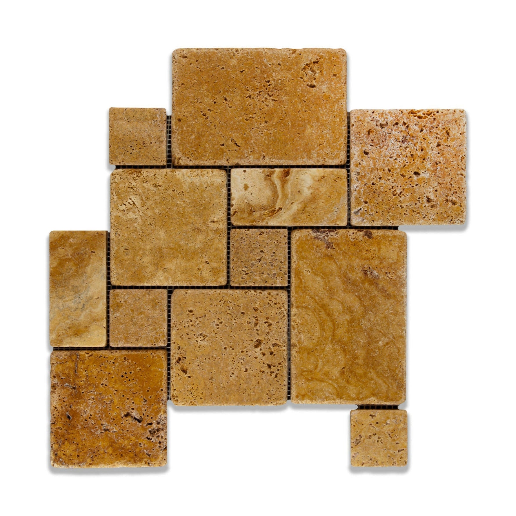 Gold / Yellow Travertine 4-Pieced OPUS Mini-Pattern Tumbled Mosaic Tile-Travertine Mosaic-American Tile Depot